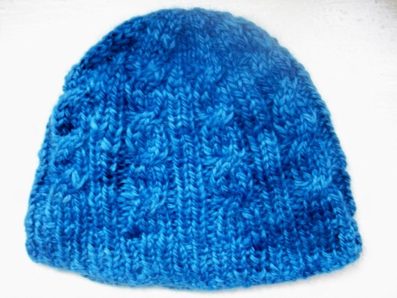 Unisex beanie hat cabled blue handspun natural by SpinningStreak