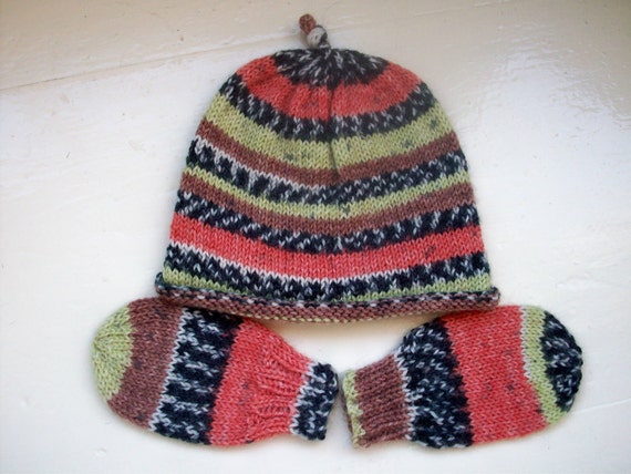 Baby hat mittens boy girl knit multi brown lime by SpinningStreak