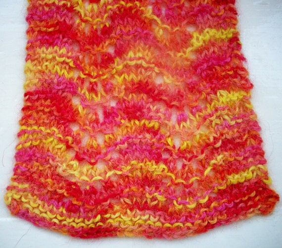 Alpaca fine knit lace scarf  red yellow apricot by SpinningStreak