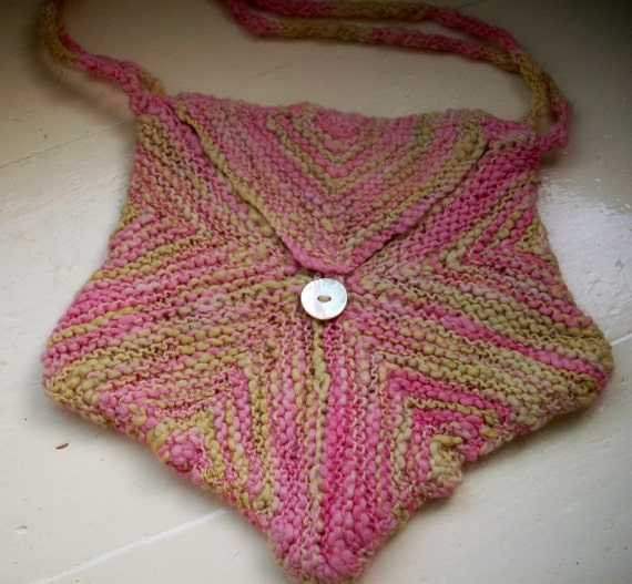 Pink bag purse natural dyed knit pink green wool by SpinningStreak