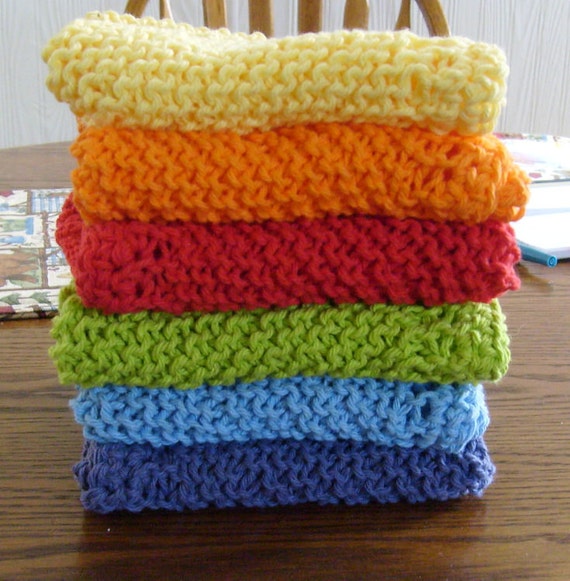 Hand Knitted Wash/Dusting/Dish Cloths Set of 6 Rainbow