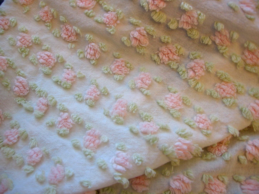 Vintage Chenille Bedspread Fabric pink rosebud / chenille