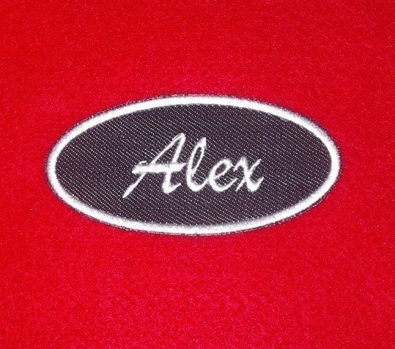 Denim oval name patch with white stitching personalized