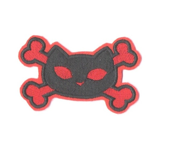 Bad Kitty and Cross bones embroidered iron on patch red and black