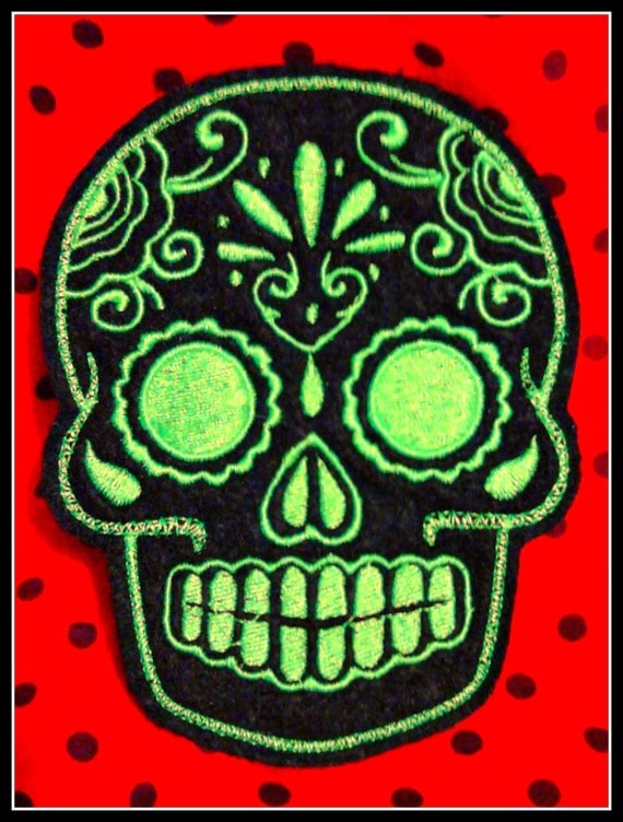 Mexican Day of the Dead Sugar Skull Patch Embroidery black and lime