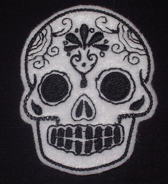 Mini white with black Mexican Sugar Skull embroidery patch