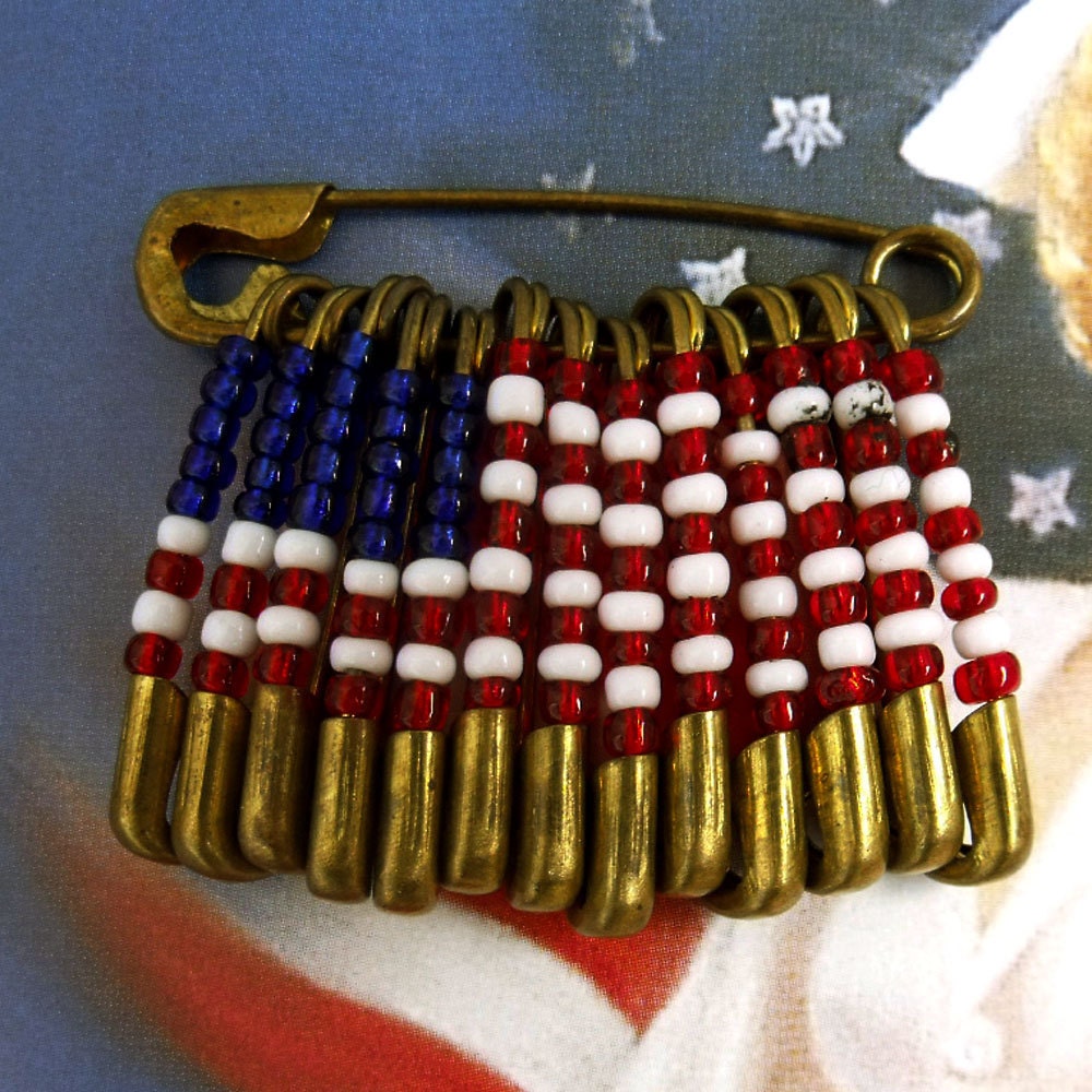 Vintage USA Flag beaded safety pins brooch