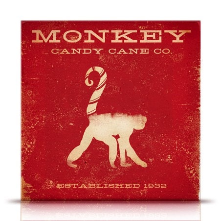 Monkey candy cane company holiday graphic artwork on canvas panel 10 x 10 by stephen fowler