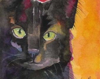 Black Cat Art Print of Original Watercolor Painting - 8x10