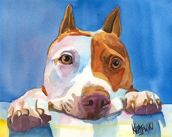 Pitbull Art Print of Original Watercolor Painting 8x10 Pit