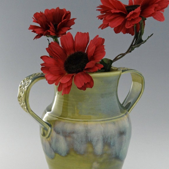 Celadon Green and Blue Vase with Handles by foxpots on Etsy