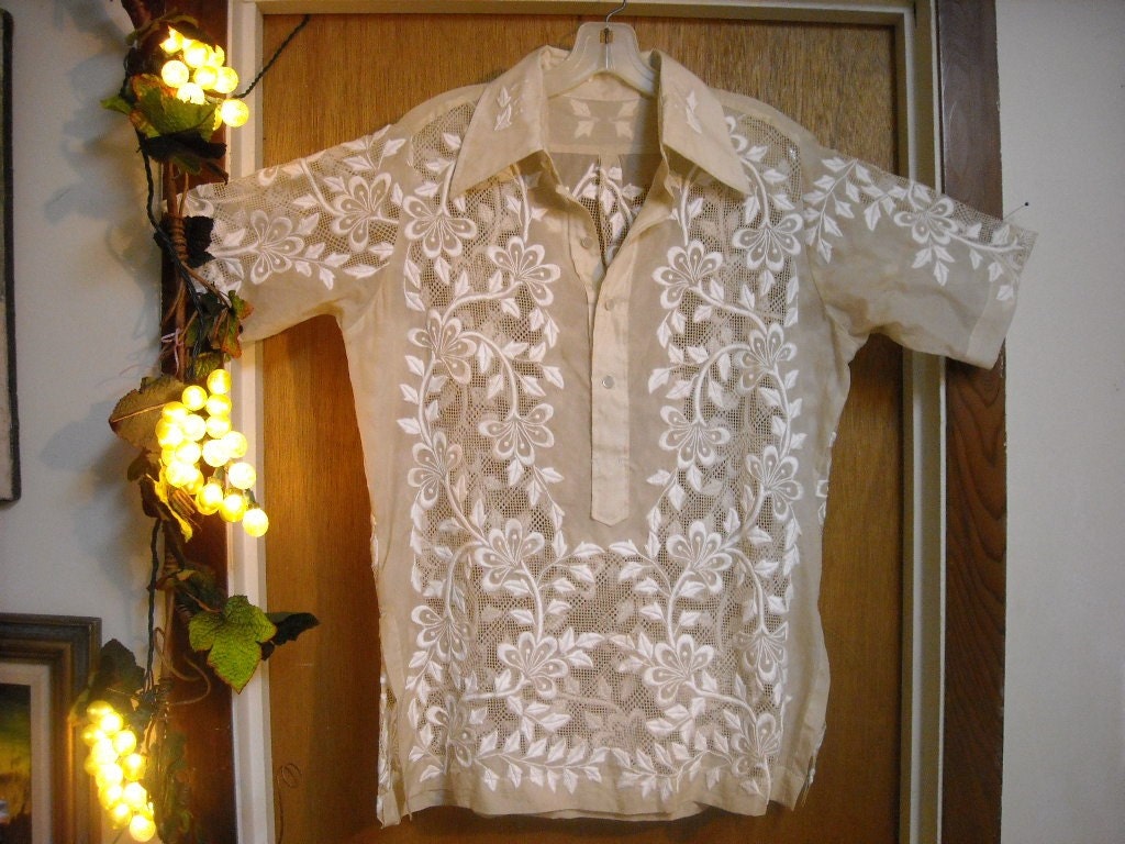 Rare Vintage Hand Embroidered Philippine Barong Tagalog Jusi