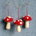 Three Christmas Ornaments Felt Mushrooms Red And Cream Wool Upcycled