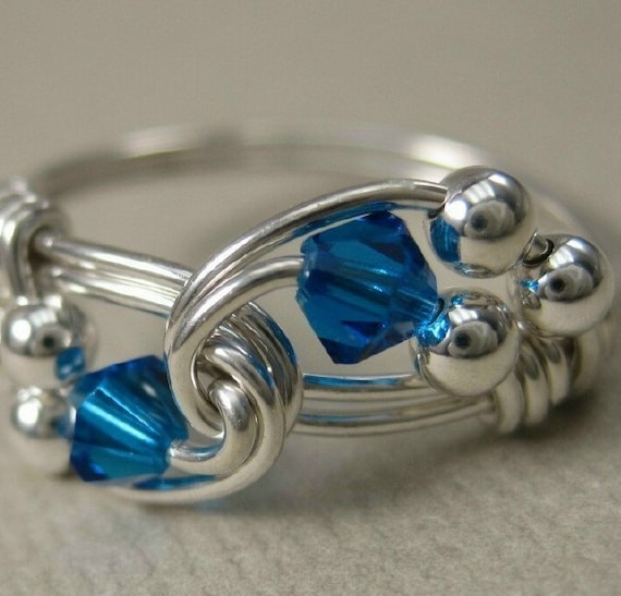 Wire Wrapped Ring Capri Blue and Sterling Silver Duet