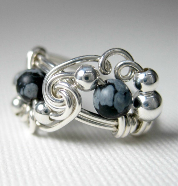 Snowflake Obsidian Ring Sterling Silver Wire Wrapped Mardi