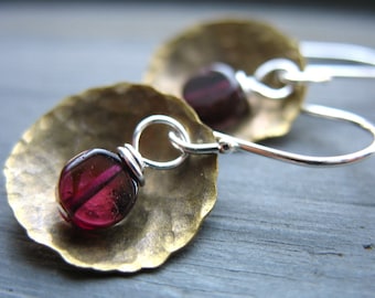 Garnet Earrings, Garnet Stone Hammered Brass Dome Earrings, Handmade stone earrings, Metalwork earrings