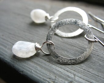 Moonstone earrings, Rainbow Moonstone Silver Hoop Earrings, Handmade Stone Earrings, Metalwork Earrings