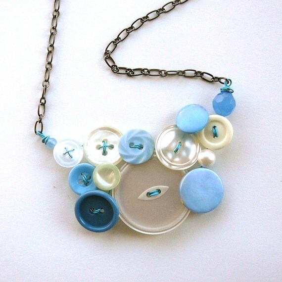 Baby Blue and White Vintage Button Large Statement Necklace