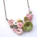 Gentle Pink and Green Flower Vintage Buttons Large Statement Necklace - Free Shipping Sale