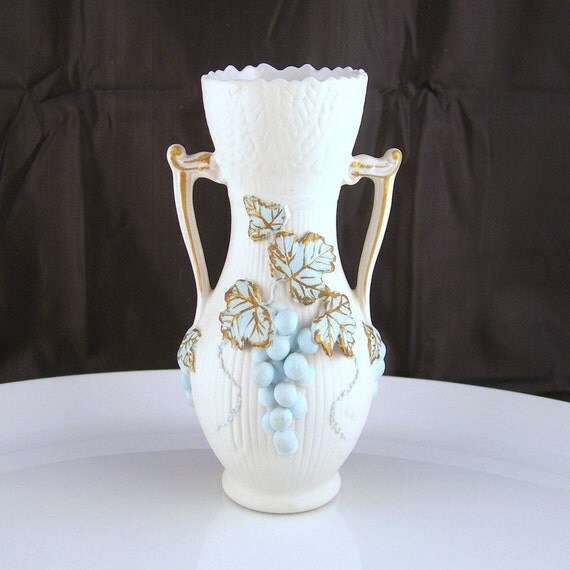 Lefton Vase Blue Grapes on White Bisque 6 Inches Vintage
