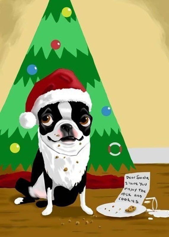 Items similar to Boston Terrier holiday Christmas print on Etsy