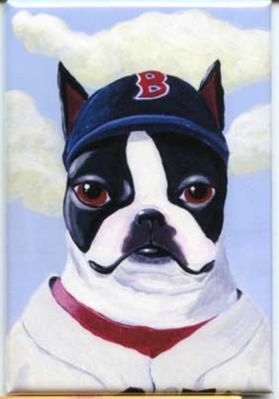 Items similar to Boston Terrier Wearing a Baseball Hat dog art magnet ...