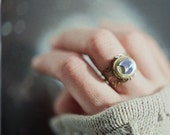 Adjustable vintage brass locket ring with blue iridescent crescent moon cabochon - the Moonlight Traveller