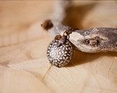 Embossed  leaves brass locket necklace with tiny mushroom charm and amber glass bead - Under the oak tree