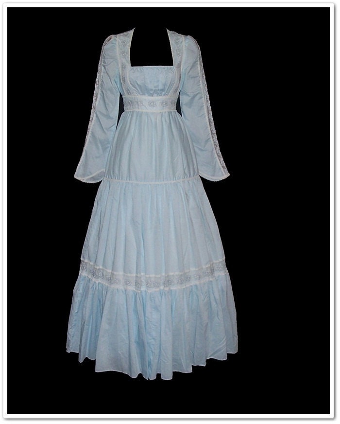 Vintage 70s Gunne Sax Light Blue Peasant Maxi Boho Dress XS