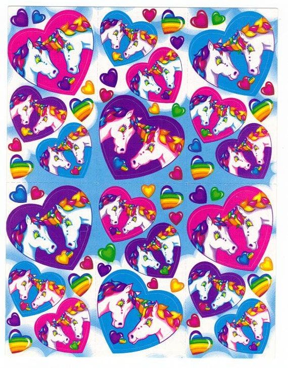 Vintage Lisa Frank Unicorn Love and Heart Stickers FULL SHEET