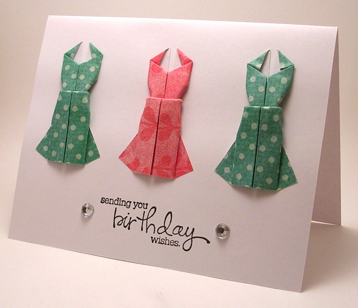 Mini Origami Dress Birthday Card teal pink
