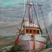 fishing boat junk yard dry land original art drawing matted 14x18 1/2