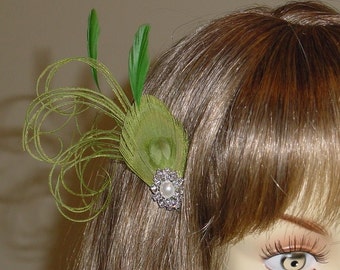 SALE - Spring Green Feather Fascinator Headpiece Ready to Ship