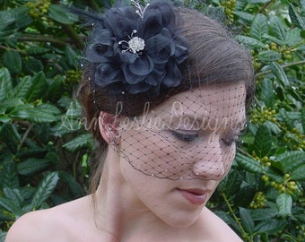 Black Birdcage Veil with Organza Flower Fascinator Goth Bride Made to Order