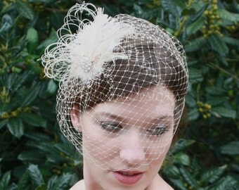 Wedding Accessories Champagne Birdcage Veil with Ostrich Feather Fascinator Clip