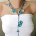 Blue, grey tones and blue bead flower Necklace, Lariat, Bracelet - Turkish lace Work-OOAK