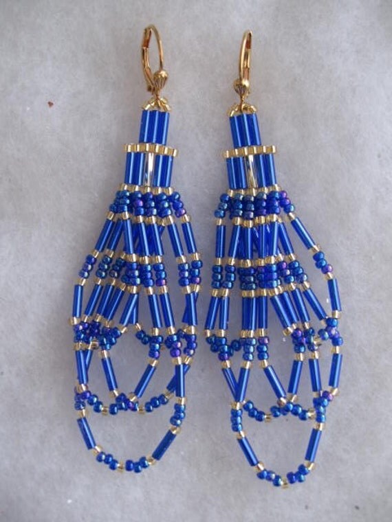 SALE Beadwoven Bugle Bead Earrings Royal Blue