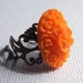 Bright Orange Flower Roses Flower Vintage Inspired Brass Filigree Adjustable Ring