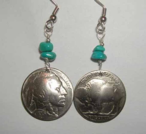 Coin JewelryAntique Nickel and Turquoise earringshandmade in
