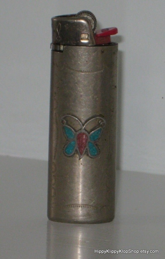 Vintage Silver Bic Lighter Case Turquoise Butterfly on Front