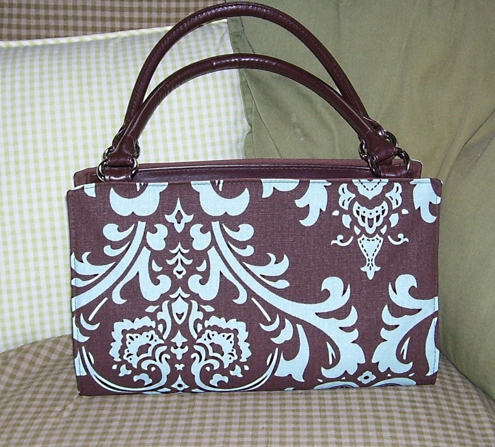 SALE Purse Shell Cover Brown and Aqua Damask