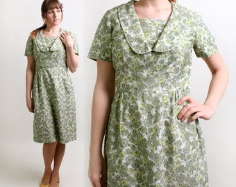 Vintage Floral Dress - 1960s Cotton Day Dress in Mint Clover Green - Large - Spring