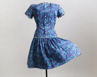 1960s Floral Dress - Vintage Drop Waist Day Dress - Purple and Blue Cotton 60s Dress - Mode O Day - XS