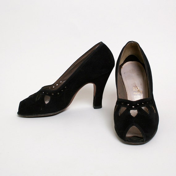 1940s Heels Vintage Black Suede Cocktail High Heels US Size