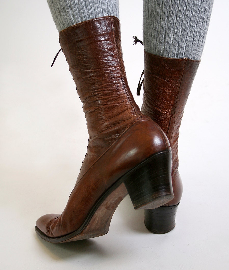 Vintage Witch Boots Caramel Brown Victorian Lace Up Oxford