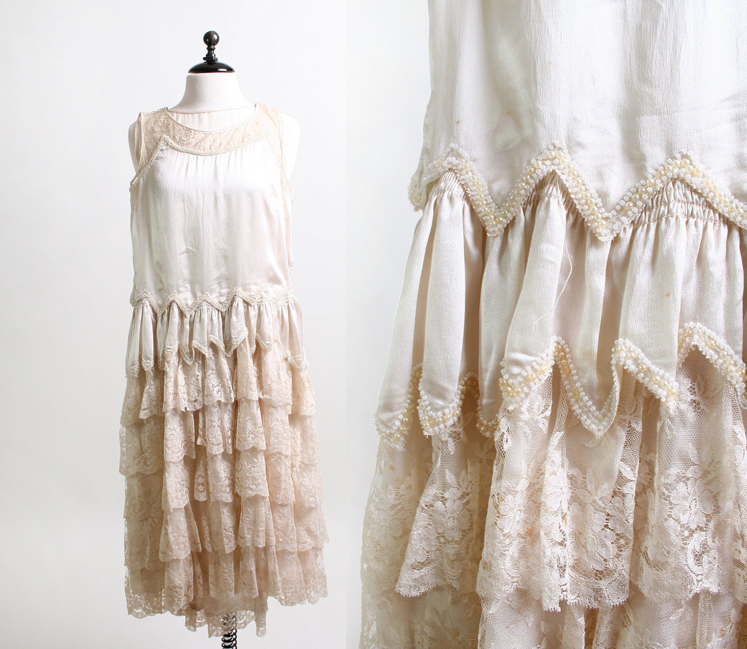 Vintage 1920s Wedding Dress Cream Lace and Faux Pearl Mini