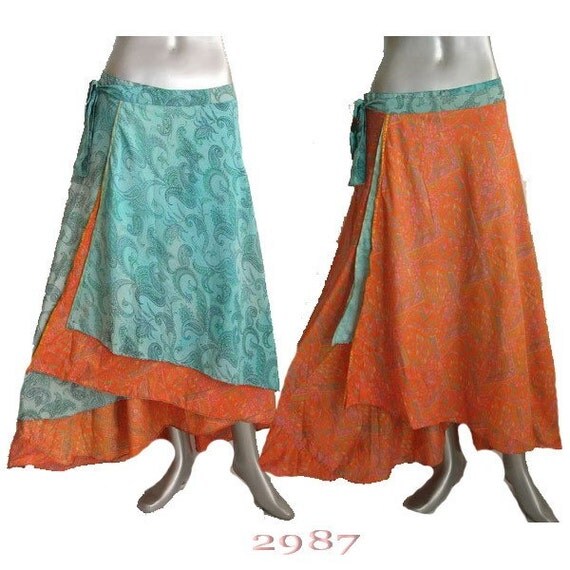 Nepal Sari Long Wrap Dress Skirt Gypsy Boho Flowers