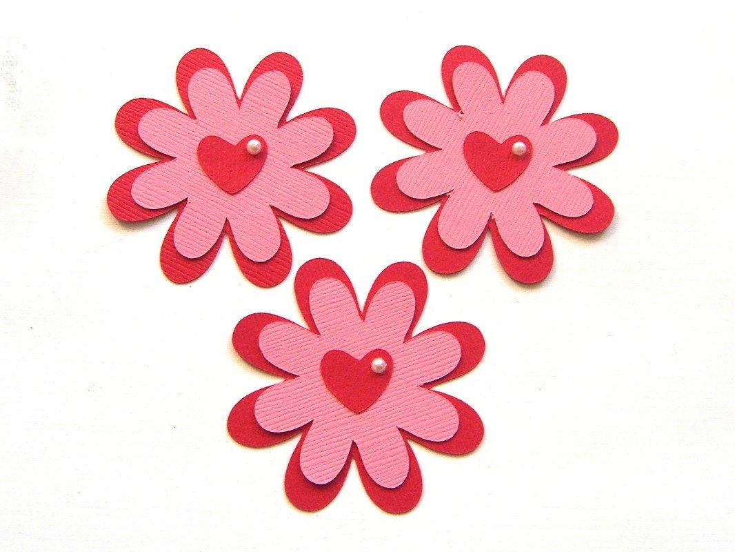 Red and Pink Heart Flowers Set of 3 Scrapbook Flowers by matdi123