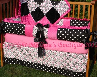 Custom Hot Pink Black And White Damask with Ruffles Crib Bedding Set YOUR CHOICE to CUSTOMIZE