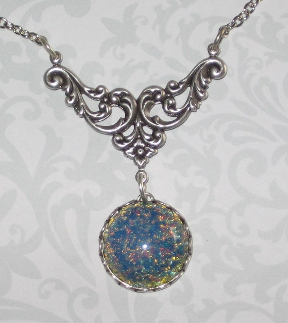 Blue Fire Opal Necklace Antiqued Silver Floral